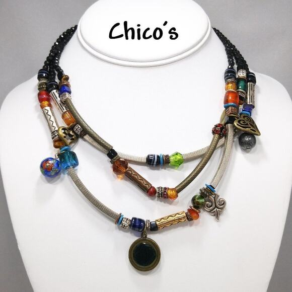 Chico's Three Strand Multicolored Charm Bead Boho Necklace, 20 Inches - Picture 1 of 8